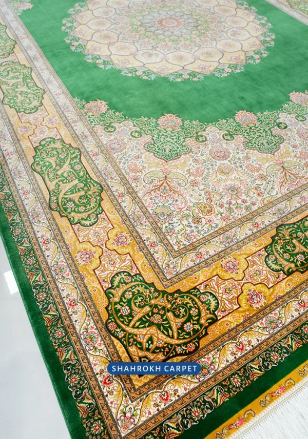 Q250 machine made silk rug, Davoodi design, classic Qom style, dark green. Premium wholesale rug for sale by Shahrokh Carpet Company.