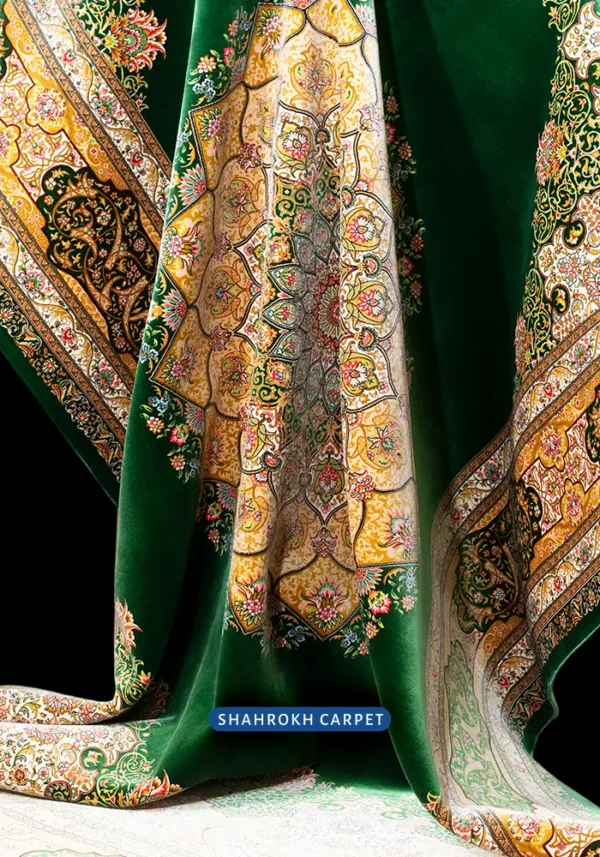 Q250 machine made silk rug in Davoodi design, classic Qom style, dark green background. High-quality wholesale rug by Shahrokh Carpet Company.
