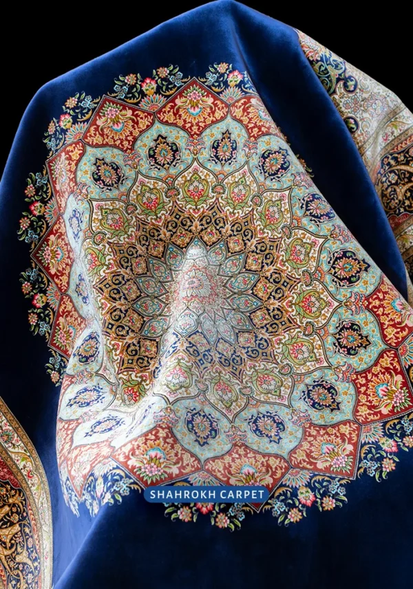 Machine made silk rug Q250, Davoodi design, classic Qom style,cobalt blue. Ideal for bulk purchase from Shahrokh Carpet Company.